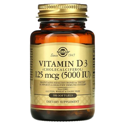 Solgar, Vitamin D3 (Cholecalciferol), 125 mcg (5000 IE), 100 Kapseln