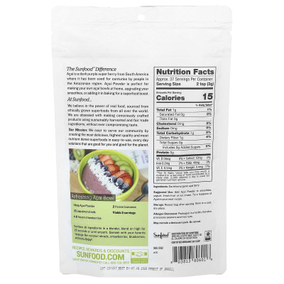Sunfood, organiczny proszek acai, 4 uncje (113 g)