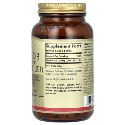 Solgar, witamina D3, 25 mcg (1000 IU), 250 miękkich Solgar, witamina D3, 25 mcg (1000 IU), 250 miękkich