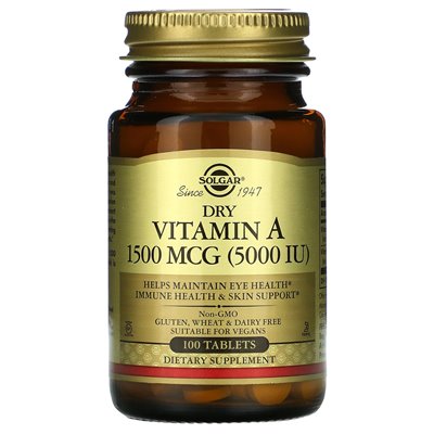 Solgar, Dry Vitamin A, 1500 mcg (5000 IU), 100 Tablets