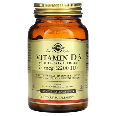 Solgar, witamina D3 (cholekalciferol), 55 mcg (2200 IU), 100 kapsułek warzywnych
