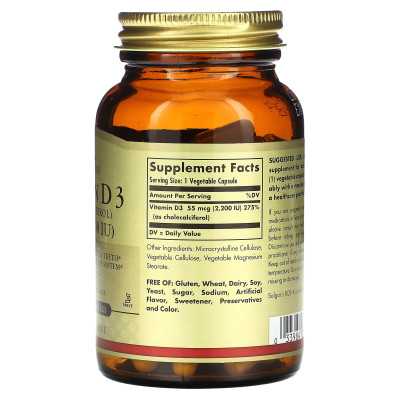 Solgar, witamina D3 (cholekalciferol), 55 mcg (2200 IU), 100 kapsułek warzywnych
