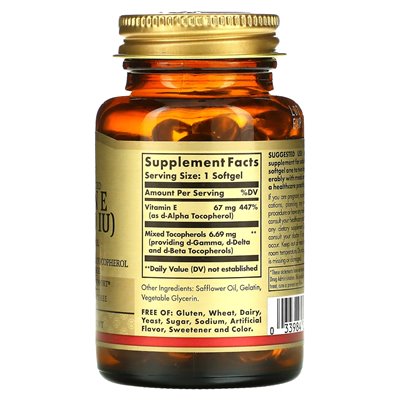 Solgar, naturalnie pozyskiwana witamina E, 67 mg (100 IU), 100 miękkich Solgar, naturalnie pozyskiwana witamina E, 67 mg (100 IU), 100 miękkich