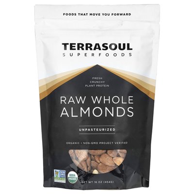 Terrasoul Superfoods, surowe całe migdały, niepasteryzowane, 16 uncji (454 g)