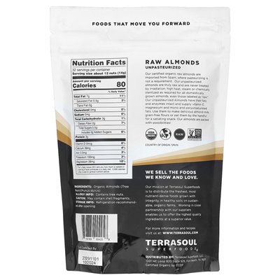 Terrasoul Superfoods, surowe całe migdały, niepasteryzowane, 16 uncji (454 g)
