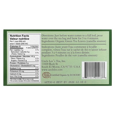 Uncle Lee's Tea, Organic Green Tea, 100 Tea Bags, 5.64 Ounces (160 G)