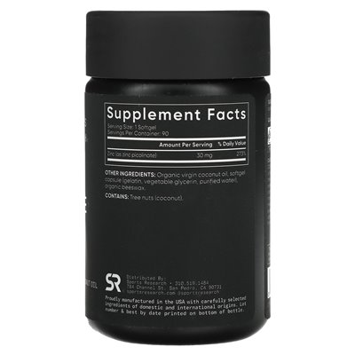 Sports Research, Zinc Picolinate, High Potency, 30 mg, 90 Softgels Sports Research, Zinc Picolinate, High Potency, 30 mg, 90 Softgels
