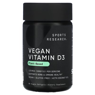 Sports Research, wegańska witamina D3, 125 MCG (5000 IU), 60 wegetariańskich softgels
