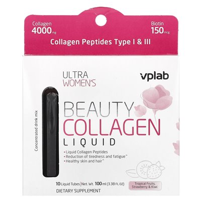 VPLAB, Ultra Women's Beauty Collagen Liquid, Tropical Fruits, Strawberry &amp Kiwi, 4000 mg, 10 płynnych rur, 3,38 fl oz (100 ml