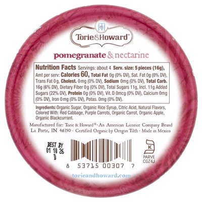 Torie &amp Howard, organiczne cukierki, granat i nektaryna, 2 uncje (57 g)