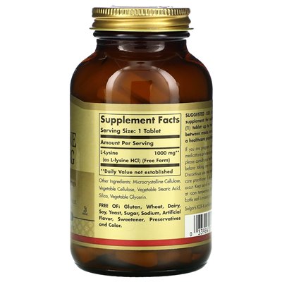 Solgar, L-Lysine, forma bezpłatna, 1000 mg, 100 tabletek