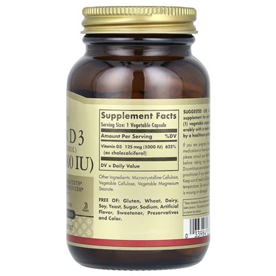 Solgar, Vitamin D3 (Cholecalciferol), 125 mcg (5000 IE), 120 vegetarische Kapseln