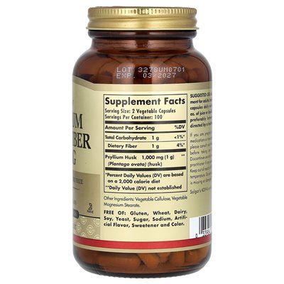 Solgar, błonnik Psyllium, 1000 mg, 200 kapsułek warzywnych (500 mg na kapsułkę)