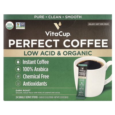 Vitacup, idealna kawa rozpuszczalna, niski kwas i organiczna, ciemna pieczeń, 24 pojedyncze patyki, 0,09 uncji (2,5 g)