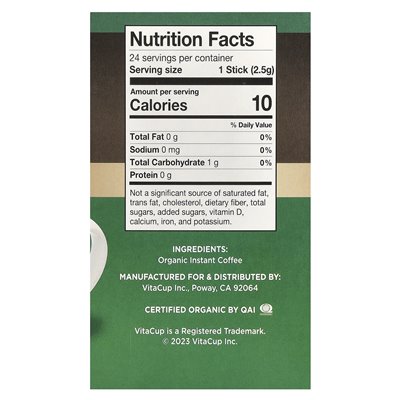 Vitacup, idealna kawa rozpuszczalna, niski kwas i organiczna, ciemna pieczeń, 24 pojedyncze patyki, 0,09 uncji (2,5 g)