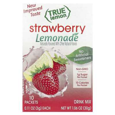 True Citrus, True Lemon®, truskawkowa lemoniada, 10 pakietów, 0,11 uncji (3 g) każdy