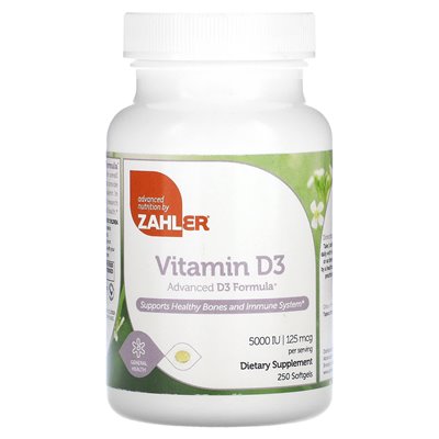 Zahler, Witamina D3, Zaawansowana Formuła D3, 125 mcg (5,000 IU), 250 miękkich kapsułek Zahler, Witamina D3, Zaawansowana Formuła D3, 125 mcg (5,000 IU), 250 miękkich kapsułek