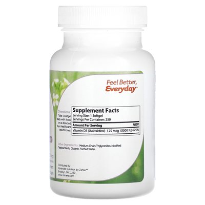 Zahler, Witamina D3, Zaawansowana Formuła D3, 125 mcg (5,000 IU), 250 miękkich kapsułek Zahler, Witamina D3, Zaawansowana Formuła D3, 125 mcg (5,000 IU), 250 miękkich kapsułek