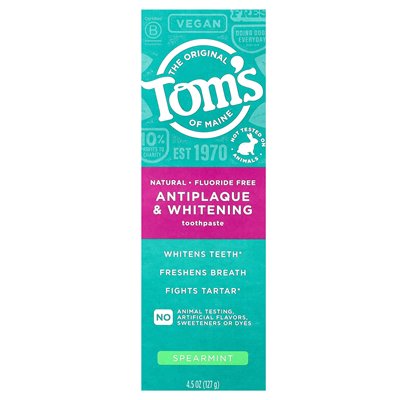 Tom's of Maine, Antiplaque &amp Whitening Tojarzy, wolny od fluoru, włóczni, 4,5 uncji (127 g)