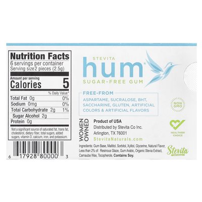 Stevita, Hum®, sugar-free gum, peppermint, 12 pieces