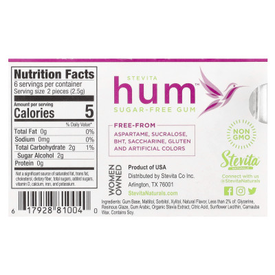 Stevita, Hum ™, sugar-free gum, fruit, 12 pieces