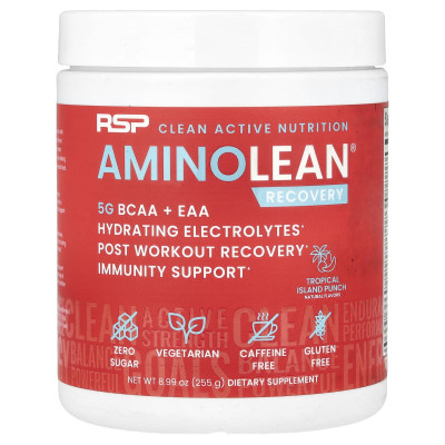 Pasywna Odżywka RSP Nutrition, AminoLean Recovery, Tropikalny Wyspowy Punch, Bez Kofeiny, 8,99 oz (255 g)