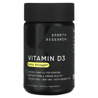 Badania sportowe, witamina D3, dodatkowa siła, 125 mcg (5000 IU), 30 softgels