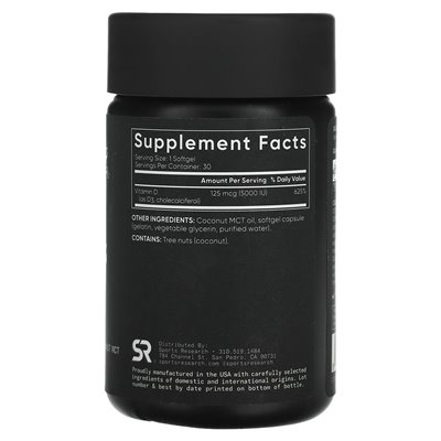 Badania sportowe, witamina D3, dodatkowa siła, 125 mcg (5000 IU), 30 softgels
