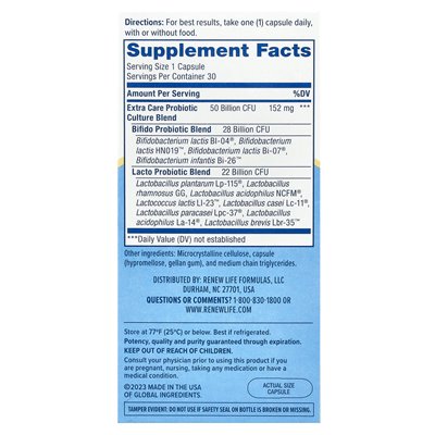 Life Renewal, Extra Care Probiotic, 50 Billion CFU, 30 Vegetarian Capsules