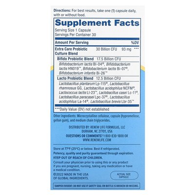 Renew Life, Extra Digestive Care Probiotic, 30 Milliarden KBE, 30 vegetarische Kapseln