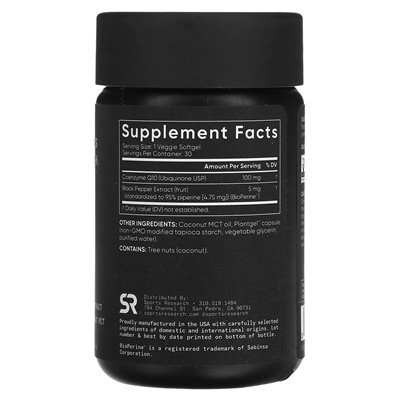 Sports Research, COQ10, klasa USP z bioperiną, 100 mg, 30 warzyw softgels