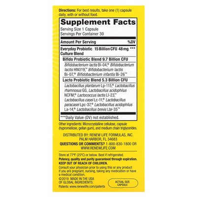 Renew Life, Ultimate Flora, Daily Probiotic, 15 Billion Live Cultures, 30 Vegetarian Capsules