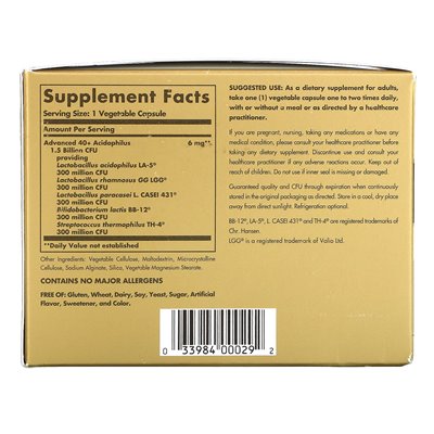 Solgar, Advanced 40+ Acidophilus, 120 kapsułek warzywnych Solgar, Advanced 40+ Acidophilus, 120 kapsułek warzywnych