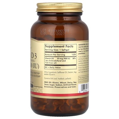 Solgar, Vitamin D3, 10 mcg (400 IE), 250 Kapseln