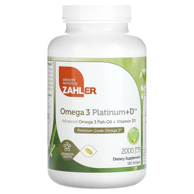 Zahler, Omega 3 Platinum + D, Zaawansowany olej rybny Omega 3 + witamina D3, 2000 mg, 180 miękkich (1000 mg na miękką)