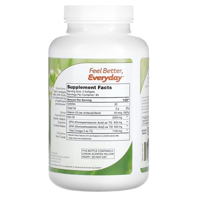 Zahler, Omega 3 Platinum + D, Zaawansowany olej rybny Omega 3 + witamina D3, 2000 mg, 180 miękkich (1000 mg na miękką)