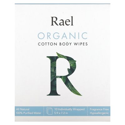 Rael, organiczne chusteczki bawełniane, bez zapachu, 10 indywidualnie owinięte chusteczki