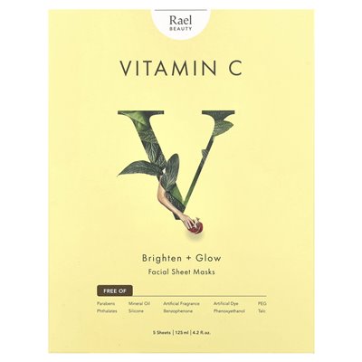 Rael, Vitamin C, Brighten + Glow Facial Beauty Masks, 5 sheets, 0.84 fl oz (25 ml)