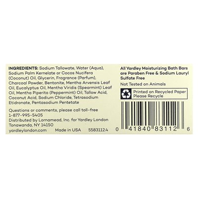 Yardley London, nawilżający bar do kąpieli, węgiel aktywowany, 4 uncje (113 g)