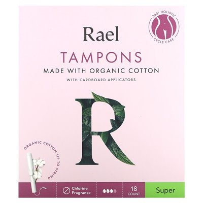 Rael, organiczne tampony z bawełny z kartonowymi aplikatorami, super, 18 liczba