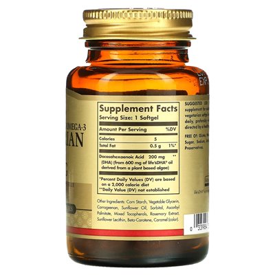 Solgar, Naturalnie Źródło Omega-3, Wegetariańska DHA, 200 mg, 50 Wegetariańskich Miękkich Kapsułek Solgar, Naturalnie Źródło Omega-3, Wegetariańska DHA, 200 mg, 50 Wegetariańskich Miękkich Kapsułek