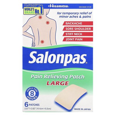 Salonpas, Plaster Przeciwbólowy, Duże, 6 Plasterków Salonpas, Plaster Przeciwbólowy, Duże, 6 Plasterków
