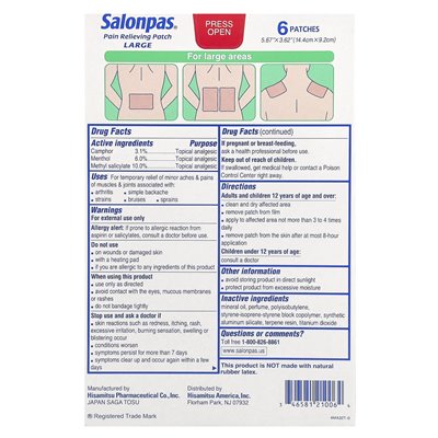 Salonpas, Plaster Przeciwbólowy, Duże, 6 Plasterków Salonpas, Plaster Przeciwbólowy, Duże, 6 Plasterków