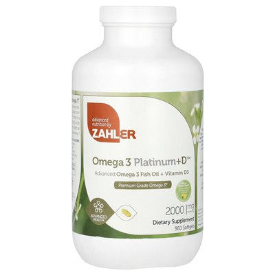 Zahler, Omega 3 Platinum + D, Zaawansowany olej rybny Omega 3 + witamina D3, 2000 mg, 360 miękkich (1000 mg na miękką)