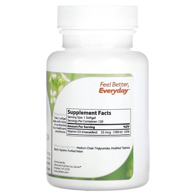 Zahler, Witamina D3, Zaawansowana Formuła D3, 25 mcg (1,000 IU), 120 Softgeli Zahler, Witamina D3, Zaawansowana Formuła D3, 25 mcg (1,000 IU), 120 Softgeli