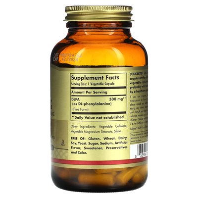 Solgar, DLPA, DL-fenyloalanina, wolna forma, 500 mg, 100 kapsułek warzywnych Solgar, DLPA, DL-fenyloalanina, wolna forma, 500 mg, 100 kapsułek warzywnych