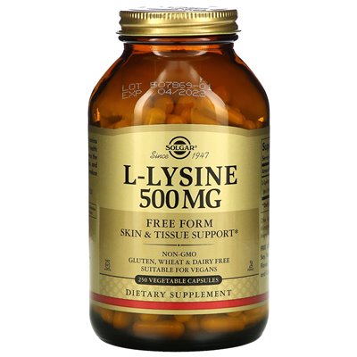 Solgar, L-Lizyna, Forma Wyzwolona, 500 mg, 250 Wegetariańskich Kapsułek Solgar, L-Lizyna, Forma Wyzwolona, 500 mg, 250 Wegetariańskich Kapsułek