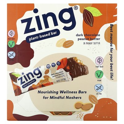 Zing Bars, Plant-Based Bar, Dark Chocolate Peanut Butter In Peanut Butter, 12 Bars, 1.76 oz (50 g) Each Zing Bars, Plant-Based Bar, Dark Chocolate Peanut Butter In Peanut Butter, 12 Bars, 1.76 oz (50 g) Each