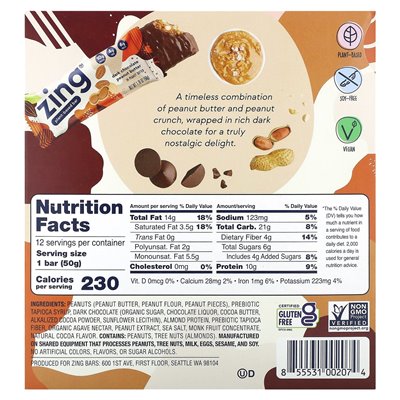 Zing Bars, Plant-Based Bar, Dark Chocolate Peanut Butter In Peanut Butter, 12 Bars, 1.76 oz (50 g) Each Zing Bars, Plant-Based Bar, Dark Chocolate Peanut Butter In Peanut Butter, 12 Bars, 1.76 oz (50 g) Each