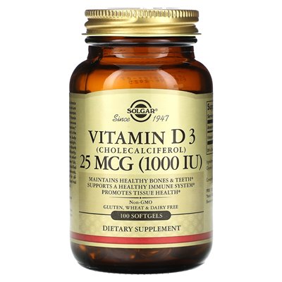 Solgar, Vitamin D 3 (Cholecalciferol), 25 mcg (1000 IE), 100 Kapseln